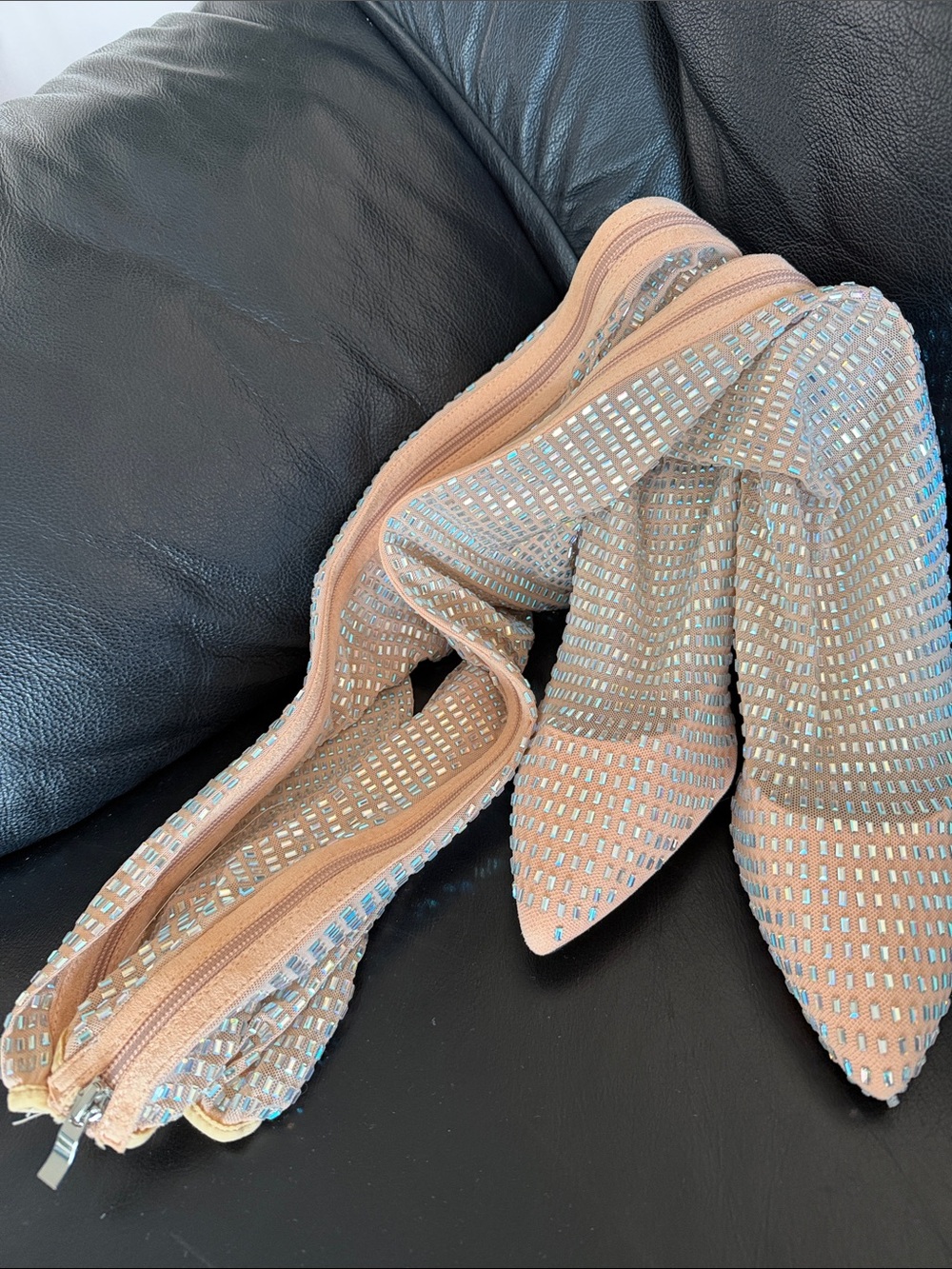 Mata Shoes Tan and Light Blue Embellished Heeled Boots